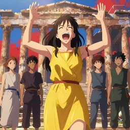 high detail portrait, screaming woman wearing ancient greek yellow paper tunic, hands in air, stephen bliss, fantasy art by greg rutkowski, rhads, ferdinand knab, makoto shinkai and lois van baarle, ilya kuvshinov, rossdraws, tom bagshaw, global illumination, radiant light, ancient greek temple ruins, red and blue color theme