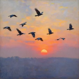 a painting of a flock of crows flying in the distance, sunset, trending on artstation, masterpiece, in the style of Claude Monet
