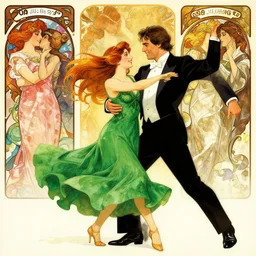 jennifer connely in green dress dancing with tuxedo keanu reeves, flowing hair, beautiful smiling faces, colorful, excelent composition, wide shot, by yoshitaka amano, by ellen jewett, by greg rutkowski, by alphonse mucha by jeremyg lipkinng, by rhads, by ross tran, artstation, octane render