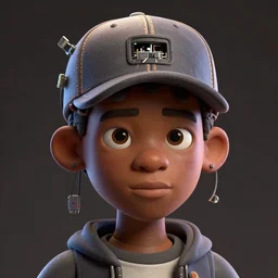 caricature style - portrait - art of an african boy wearing a baseball cap with wires and computer chips dangling from inside, character concept art, art style by jack davis & hsiao - ron cheng, vfx, volumetric light, dramatic lighting, ray tracing, digital illustration, claymation style, unreal engine render, sharp, intricate detail, behance, artstation, pinterest,
