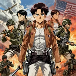 titans from attack on titan attack the real world and fight the us military, highly detailed, digital painting, scifi, by hiromasa ogura