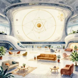 a beautiful illustration of futuristic airport, lots of furniture, sofa, waiting room, big medium small, sacred geometry, golden ratio, in watercolor gouache detailed paintings, in style of syd mead, trending on artstation, 8 k, panel, hard surface, vent, zaha hadid, props, plant, cozy, decoration around the room, simon stalenhag, deus ex