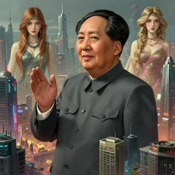 a hyper realistic digital art of mao zedong in cyberfunkcity by mandy jurgens and alphonse mucha and alena aenami, highly detailed, hyperrealism, digital art, artstation, concept art, detailed and intricate environment, an expansive view of