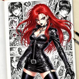 highly detailed coherent professional 9 0 s seinen anime art of badass goth woman with red hair, leather clothes, black makeup. chunibyo. horror postcyberpunk action manga cover promotional art. detailed and intricate environment. drawn by ilya kuvshinov and painted by zdzislaw beksinski, pencils by tsutomu nihei