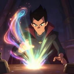 a mage that has the face of danny phantom he is at his desk working on a new spell that is casting out flowing energy, colorful, flowing energy, light rays, consistent face, medium shot, waist up, pixar and disney animation, sharp, concept art, highly detailed, bloom, dramatic lighting, cinematic