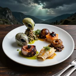 a beautifully plated meal of strange and disturbing alien foods, professional photography