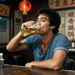 Big trouble in little China, Jack Burton drinking beer, Chinatown bar, amazing shot, colorized, 1987