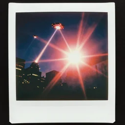 analog vintage photography portrait polaroid of ufo's firing lasers in the sky over new york, low perspective, lensflare, red color bleed, heavy film grain, bloom, glow