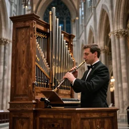 A janitor playing the pipe organ in a cathedral late at night, 4k