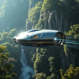 futuristic luxury metal and glass spaceship designed by apple flying over forest waterfall safari art by greg rutkowski and paul ozzimo artgerm, epic fantasy sci - fi volumetric light specular light lumen reflections clear focus detailed unreal engine digital art trending on artstation deviantart octane render