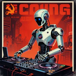 futuristic atompunk robot dj at a techno music club, soviet propaganda poster art