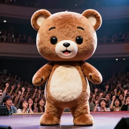 a japanese idol singer on stage in the 1 9 7 0 s, a giant cute bear mascot, live venue, cheering crowd audience, professional photography, highly detailed, stunning lighting, artstation, realistic face and anatomy, by thomas kinkade and greg rutkowski