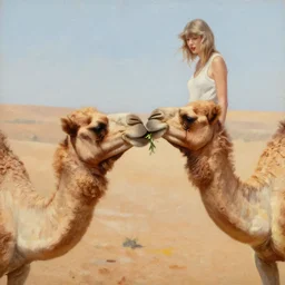 oil painting of taylor swift feeding a camel