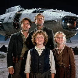 extremely sharply detailed, scan from blockbuster 9 6 0 k sci fi color movie freeze frame, set 1 8 6 0, family standing in front of crashed spaceship, on alien planet, looking happy, wearing 1 8 5 0 s era clothes, atmospheric lighting, in focus, reflective eyes, - 9 9 9 mm macro lens, live action, nice composition and photography, clear faces