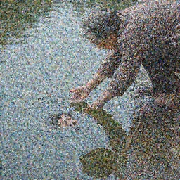 an elderly woman reaching down to a reflection of her younger self while a ripple can be seen in the water.