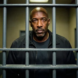 A dark but colorful photograph of the viewer looking at Steve Harvey who is behind metal bars in Jail