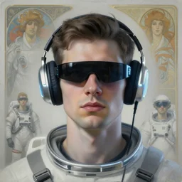 future coder man looking on, sleek cyclops display over eyes and sleek bright headphoneset, neon accent lights, desaturated headshot portrait painting by donoto giancola, dean cornwall, alex grey, rhads, alphonse mucha, john berkey, tom whalen, astronaut cyberpunk electric fashion photography