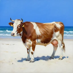 a cow on a venician white sand beach, Oil on blue canvas