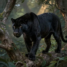 animal concept of a black panther melanistic deep black leopard walking on a lush intricate tree, accurately portrayed, portrait art by alphonse mucha and greg rutkowski, highly detailed, digital painting, concept art, illustration, dim lighting with twilight rays of sunlight, trending on artstation, very detailed, smooth, sharp focus, octane render, close up