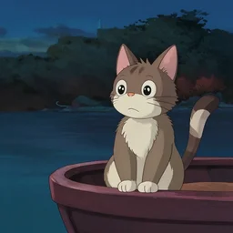 a wholesome animation key shot of a cat on a boat close to the shore in the night, medium shot, studio ghibli, pixar and disney animation, sharp, rendered in unreal engine 5, anime key art by greg rutkowski, bloom, dramatic lighting