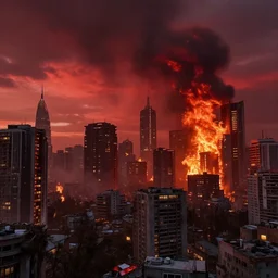 post apocalyptic city with burning red sky
