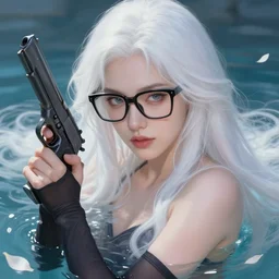 a beautiful + white hair + cool black glasses + holding pistol + tights + ana de armas + dream water, beautiful smooth soft light + white petal, oil paint, cinematic lighting, unreal engine 5, closeup, 4 k, highly detailed, instagram,