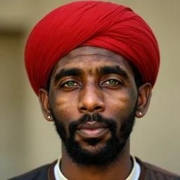 portrait of kyrie irving as afghan man, green eyes and red turban looking intently, photograph by steve mccurry