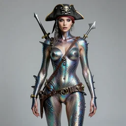 a woman with iridescent shark skin, pirate weapons, by van herpen, iris