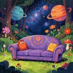 psychedelic trippy couch in forest, planets, flowers, mushrooms milky way, sofa, cartoon by leonid afremov