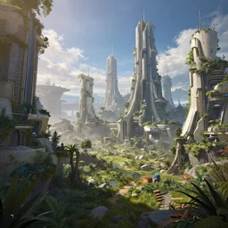 horizon zero dawn environment concept art overgrown futuristic city in the style of Daniel Dociu