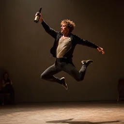 a man boisterously dancing around the room by himself holding a single empty bottle as he jumps in the air, fine detail, dramatic lighting, award-winning photo UHD, 4K, by (Leonardo da Vinci)