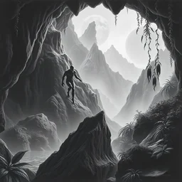 a beautiful pencil artwork of dark void in a lush humid ancient jungle cave, mountains, souls screaming, cosmic horror, vines, water, black leaves, lush flora, the north star, volumetric lighting, haze, 8 k