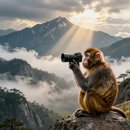 a monkey taking a photograph, mountains in the backround with clouds, howson peter drawing