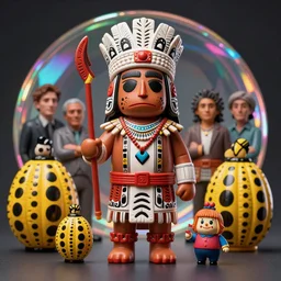 a portrait of a Selk'nam with a Capirote, Plastic toy, art toy, by Hikari Shimoda , Al Feldstein , mark ryden, Yayoi Kusama, lisa frank , funny, Award winning photo, iridiscense, Houdini algorithmic generative render, dramatic lighting, volumetric light, Accurate and detailed, sharp focus, octane render 8k, zoom out ,
