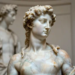 shiny colourful marble woman portrait close - up statue by michelangelo buonarroti and by gian lorenzo bernini covered in color paint splashes, partially gold plated, ultra - detailed chiaroscuro studio photograph on white background