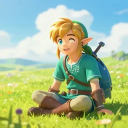 A photo of Link from Zelda sitting in a field on a sunny day with clouds in the sky, he is happy