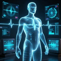 human performance, wireframe human, heartbeat, glowing wireframe, future scifi scene, biometric dials and displays in background, high detail, precise lines, angular, vector, biometric sensors, technical diagram, computer display, crt