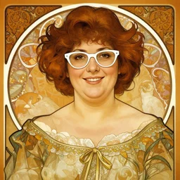 portrait of a curvy stocky romanian woman, brown hair, messy bob, brown eyes, romanian, laugh lines, white glasses, glasses, white reading glasses, librarian, wide shot, digital art, alphonse mucha, loish, art nouveau, 8 k, trending on artstation