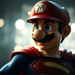 portrait of super mario super mario as superman in man of steel, movie still, cinematic lighting, ray tracing, octane render, long lens, shallow depth of field, bokeh, anamorphic lens flare, 8 k, hyper detailed, 3 5 mm film grain