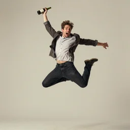 artistic rendition of a man jumping in the while holding a bottle, very expressive