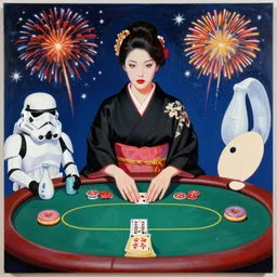 woman in a black japanese kimono, sitting at an extremely detailed poker table with the stormtrooper, sake, donuts on the table, fireworks and stars on the background, by andy warhol, by roy liechtestein, canvas, acrylic paint, ivory palette, 4 k, ultra - hd