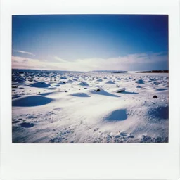 analog polaroid of a snowed over wasteland, bright white snow, blue sky, colorbleed