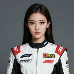 youthful asian female blade runner demure, perfect mascara, exquisite features, feminine cut, frontiers in flight jumpsuit decorated with f 1 racing brand logos