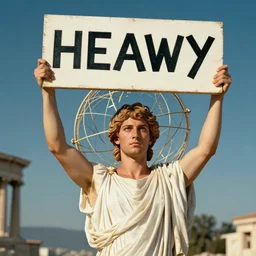 atlas from greek mythology holding a sign over his head that reads heavy,