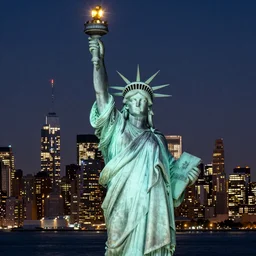 statue of liberty covered in jewels, 8k resolution, ultra wide cityscape, night, bright lights, anamorphic flares