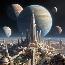 a retro futurism outer space city built across moons orbiting a gas giant planet in a beautiful universe by robert mccall and john berkey | ralph mcquarrie :. 5 | unreal engine :. 3