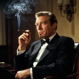 roger moore as james bond, smoking a cigar, smoke filled room, film still