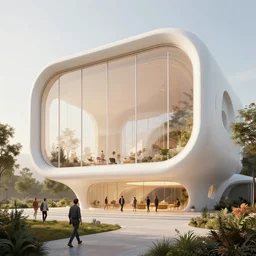 garden of eden, by tim blandin and arthur haas and bruce pennington and john schoenherr, big windows architecture by zaha hadid, octane render, warm colour scheme, white, cinematic, scenery, cgsociety, modernism, futuristic, trending on artstation, sci - fi, high detail, high quality, close up angle, people walking