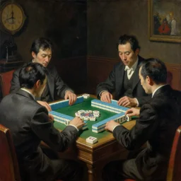 salarymen playing riichi mahjong by beksinski, dark canvas, in the style of edward hopper rodcenko yue minjun caravaggio, intricate details, hard shadows, artstation