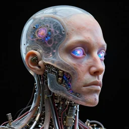 3D render of a rugged profile face portrait of a steampunk cyborg android, translucent liquid metal, inset xray cross-section, neon lenses for eyes, Mandelbrot fractal, titanium skeleton, anatomical, flesh, facial muscles, wires, microchips, electronics, veins, arteries, glowing, full frame, microscopic, elegant, highly detailed, flesh ornate, elegant, high fashion, dye contrast lighting, black light, octane render in the style of H.R. Giger and Bouguereau